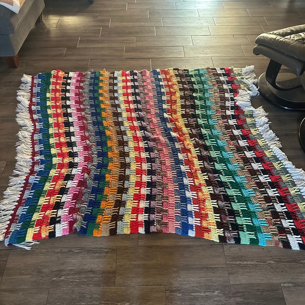 Vintage Handmade Crochet Afghan Blanket Multi Color Scrap Yarn Fringe 70x95